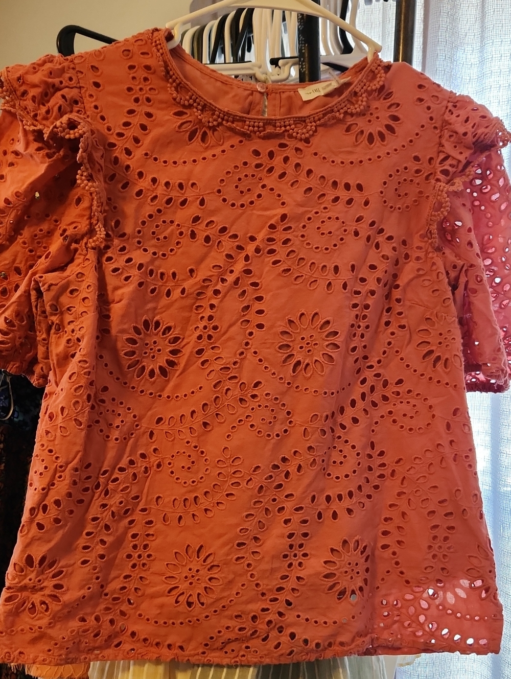 Free the Roses Terracotta Eyelet Puff Sleeve Blouse